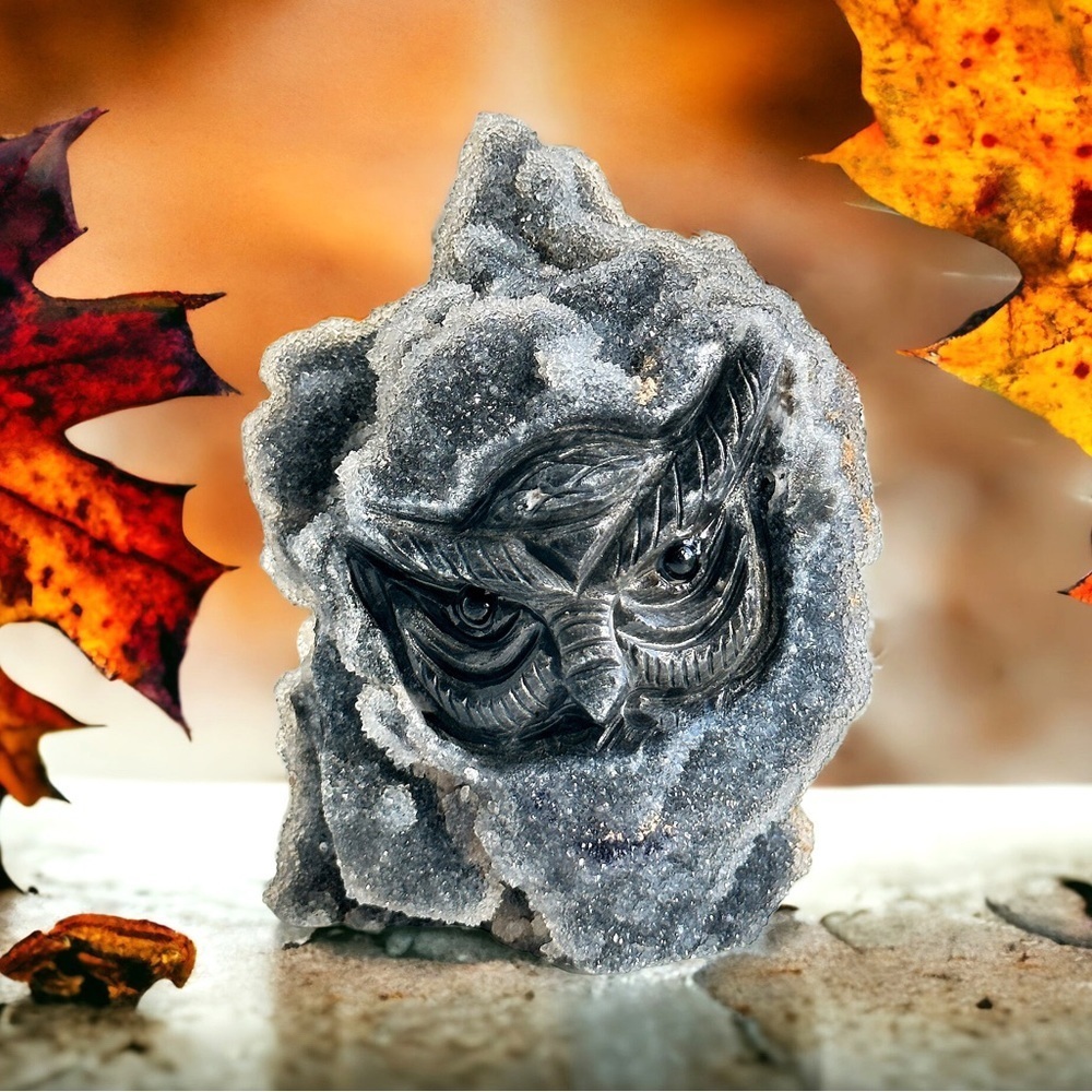 OOAK Natural Spirit Fairy Quartz Geode Hand Carved Owl Healing Crystal